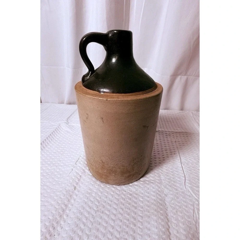 Antique Stoneware Whiskey Jug 2 Tone Brown Glaze Primitive Crock Pottery 9.5